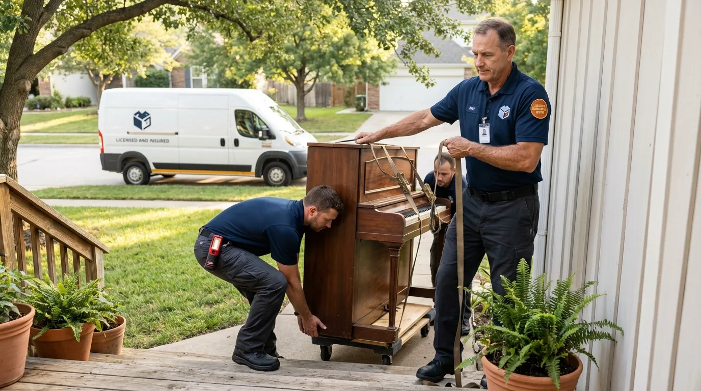 Licensed piano movers securing grand piano in Mansfield, AR