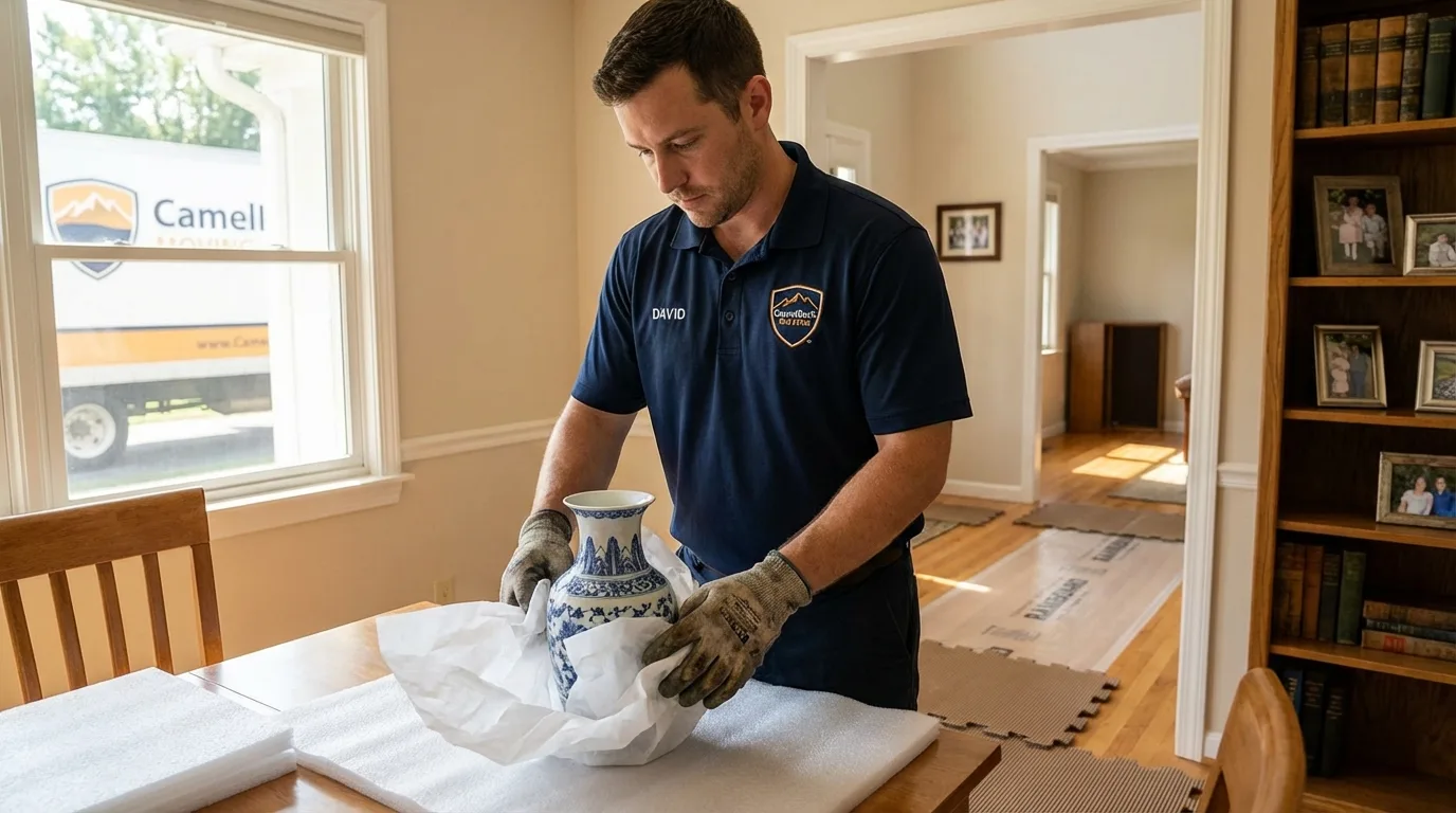 Professional crew carefully wrapping antique vase for senior downsizing move in Mansfield, AR